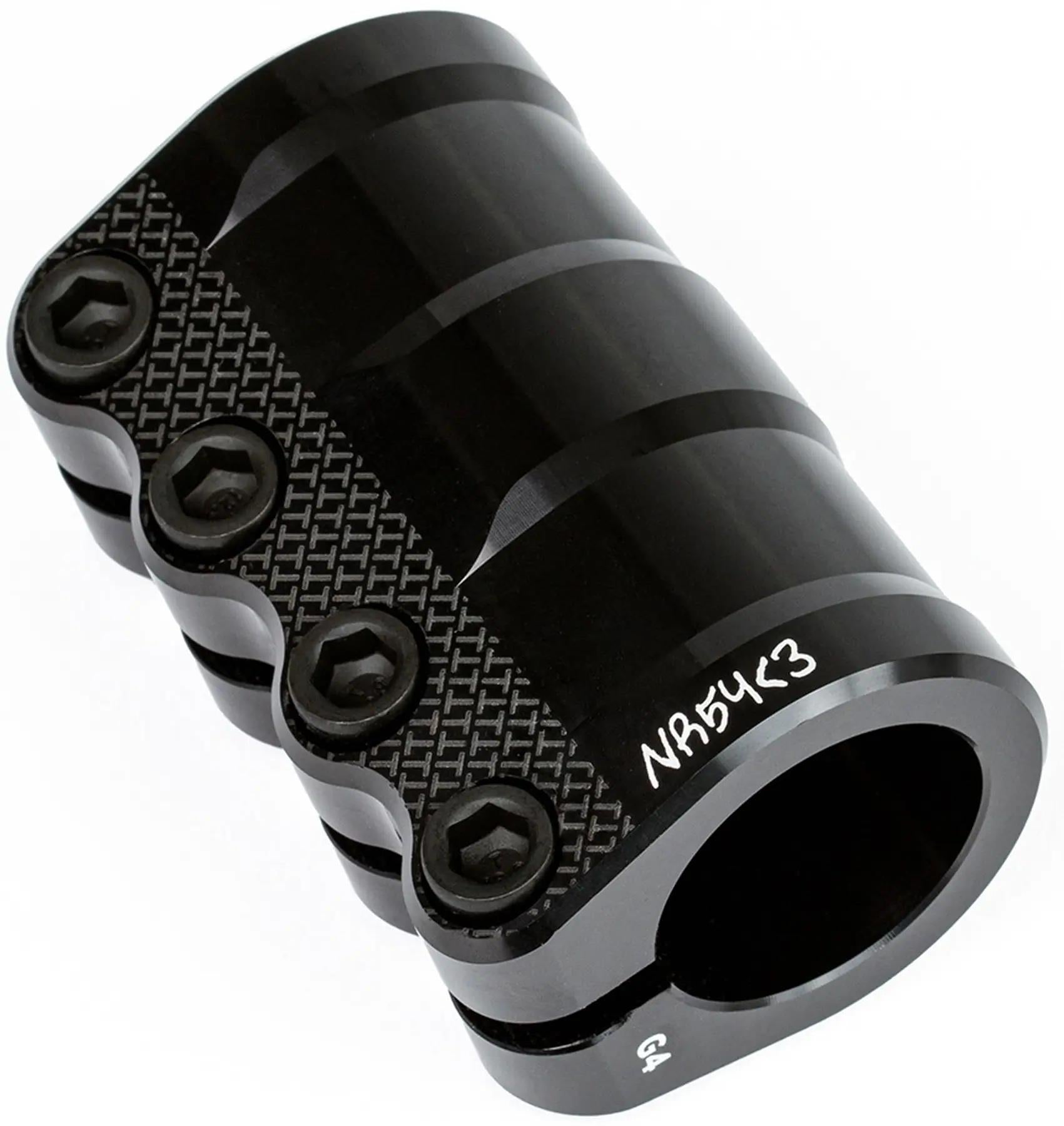 The Tilt Nikita LT 4 Bolt Standard SCS Stunt Scooter Clamp in black is lightweight, with four hex bolts, a knurled side texture, and "N54K<3" and "G4" engravings on the metal surface.