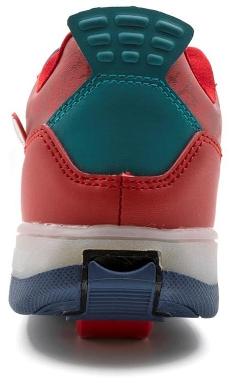 Back view of Breezy Rollers Light Beam Shoes - Red / Blue: this sneaker by Breezy Rollers features teal and blue accents, a textured teal heel tab, white midsole, dark blue outsole, and a visible wheel in the heel for wheeled shoe fans.