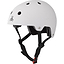 The Triple 8 Dual Certified Skate/Scooter Helmet in white has air vents, a black adjustable chin strap, and a simple side logo with three overlapping circles. It features Sweatsaver Fit Pads for enhanced comfort.
