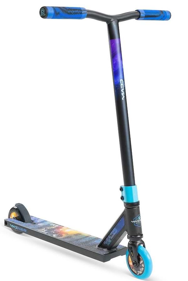 The Madd Gear MG 2 Obsidian Complete Stunt Scooter - Horizon features blue handlebars, a blue front wheel, and a black deck with a vibrant galaxy design—perfect for kids looking to perform tricks and stunts.