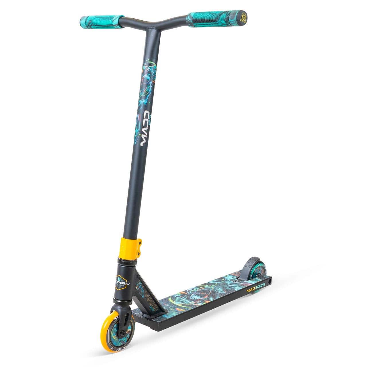 The Madd Gear MG 2 Obsidian Complete Stunt Scooter - DJ Rilla by MGP is black and teal with yellow accents, graphic designs on the handlebars and deck, high-speed ABEC-5 chrome bearings, and two small wheels.
