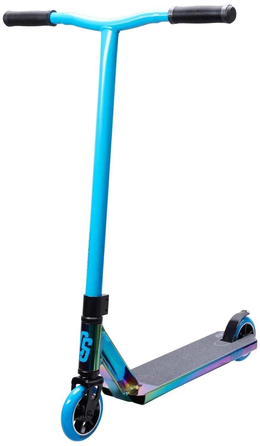 The Crisp Surge Complete Stunt Scooter - Neochrome / Blue by Crisp features a blue handlebar, black grips, a neochrome rainbow deck, and durable 110mm alloy core wheels—ideal for performing tricks and stunts.
