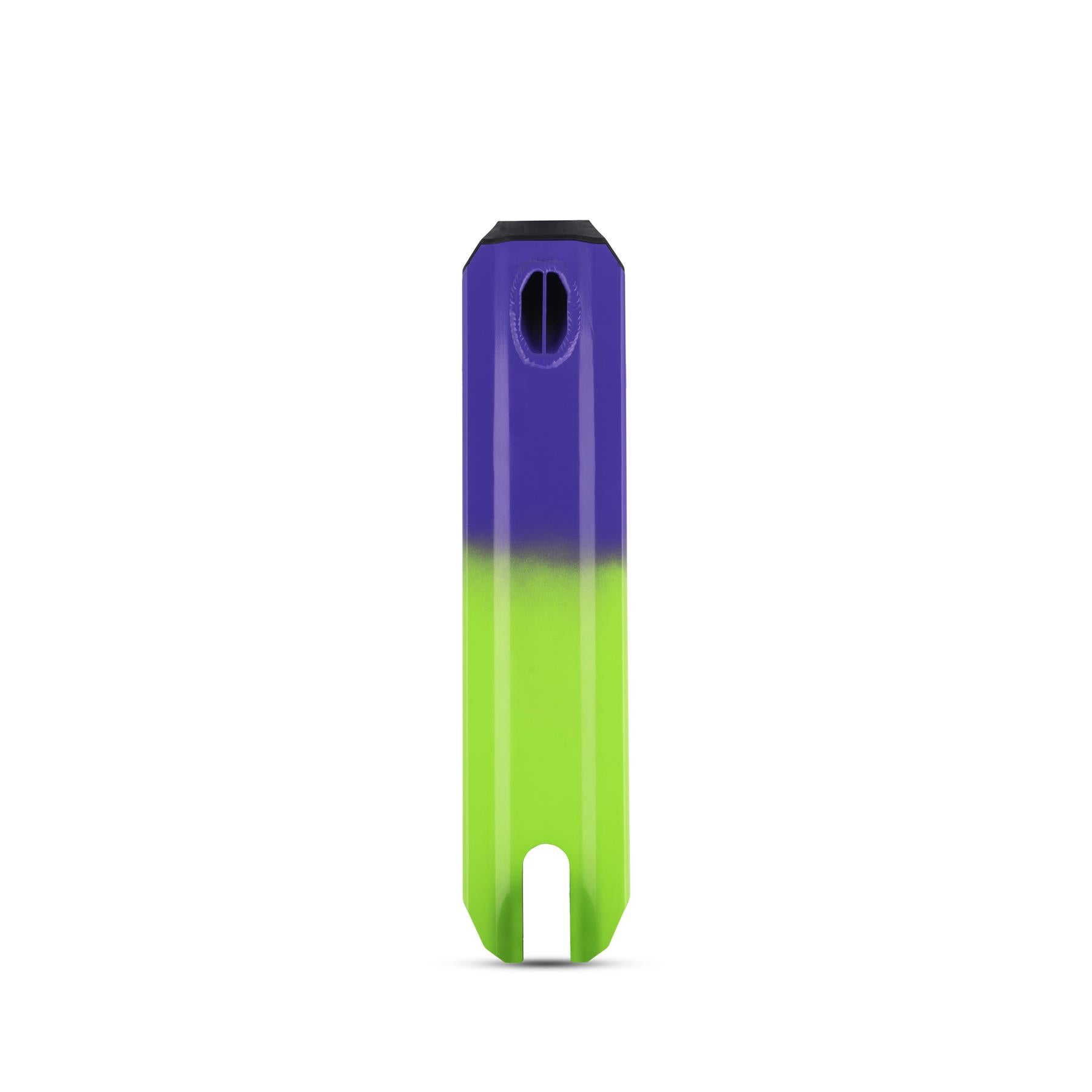 The Legacy Fade Complete Stunt Scooter by Legacy, in vibrant purple and green, stands upright on a white background—ideal for perfecting your tricks at the skatepark.