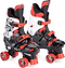 Osprey Skull Adjustable Quad Roller Skates - Red feature bold skull graphics, red wheels, and adjustable red straps—perfect for kids seeking style and comfort. Displayed on a white background.