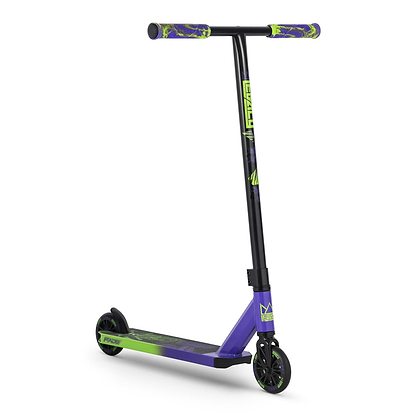 The Legacy Fade Complete Stunt Scooter - Purple / Green by Legacy features a black handlebar, green and purple grips, and a purple deck with black and green accents, shown on a white background.