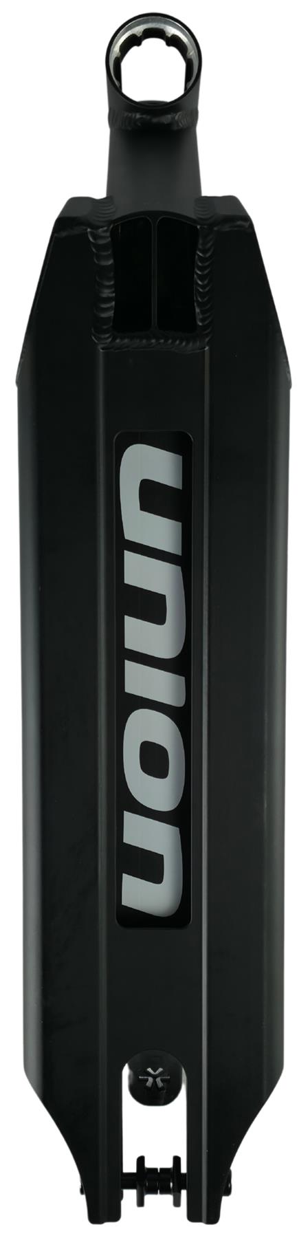 The Union Classic Pro Black Stunt Scooter Deck - 4.75" by Union is a lightweight, black rectangular scooter deck featuring the bold "Union" logo in white on top.