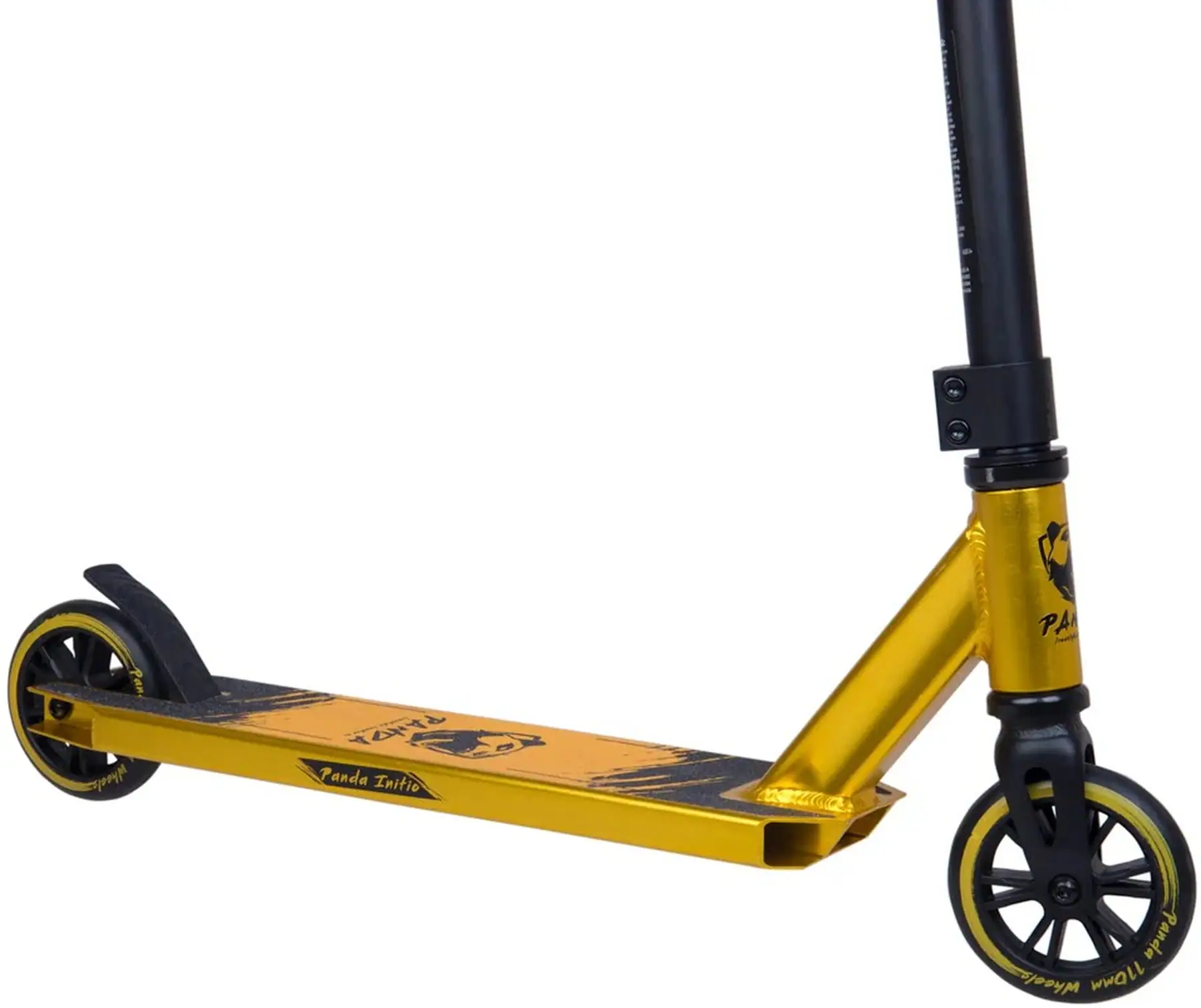 The Panda Cub Complete Stunt Scooter by Panda features a gold deck with panda graphic, black handlebar, black wheels with gold rims, and rear fender brake—ideal for junior riders.