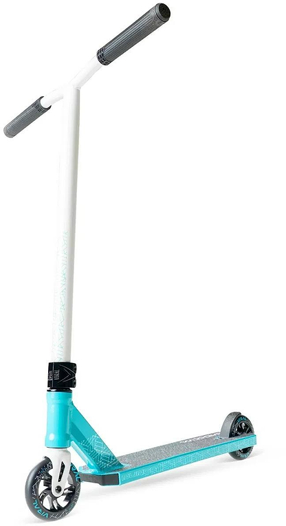 The Madd Gear (MGP) Viral Purge Complete Stunt Scooter in aqua features black handlebars and two small wheels, designed for kids. It is shown from a slight angle against a white background.