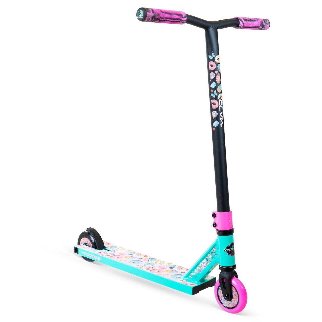 The Madd Gear MG 2 Obsidian Complete Stunt Scooter - Sugar Rush features a teal base, pink accents, black handlebars with a donut pattern, multicolored deck, and pink wheels—perfect for young riders who want a fun and stylish Pro Stunt Scooter.