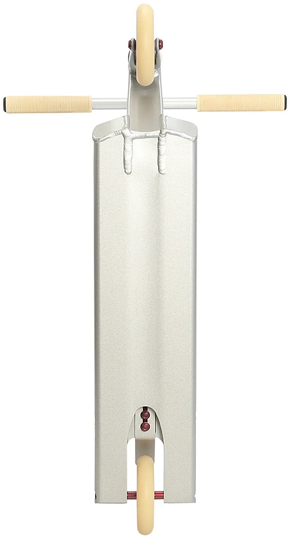 Front view of the Aztek Architect 2 Complete Stunt Scooter - Platinum Silver, featuring cream handlebars and wheels, isolated on white. A premium street scooter by Aztek with SCS compression system for superior performance.