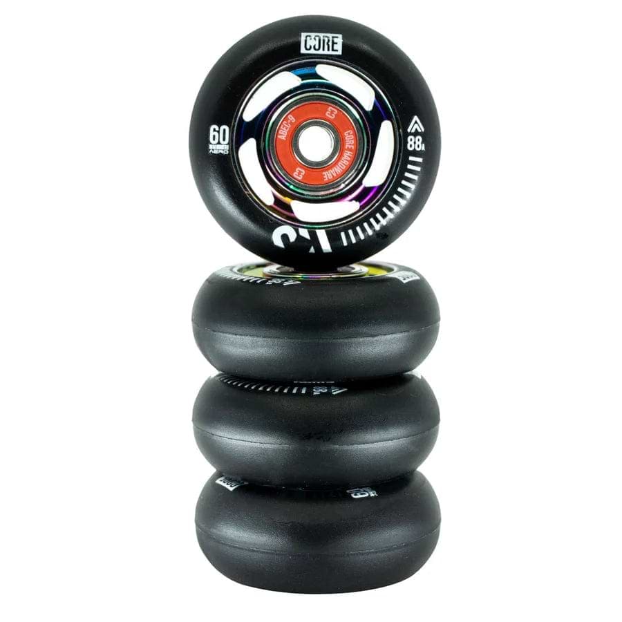 A stack of four CORE Aero 88A Inline Skates Wheels with bright neochrome cores and white branding is displayed. The top wheel, perfectly balanced, showcases "CORE 60mm 88A," promising an exceptional skating experience.