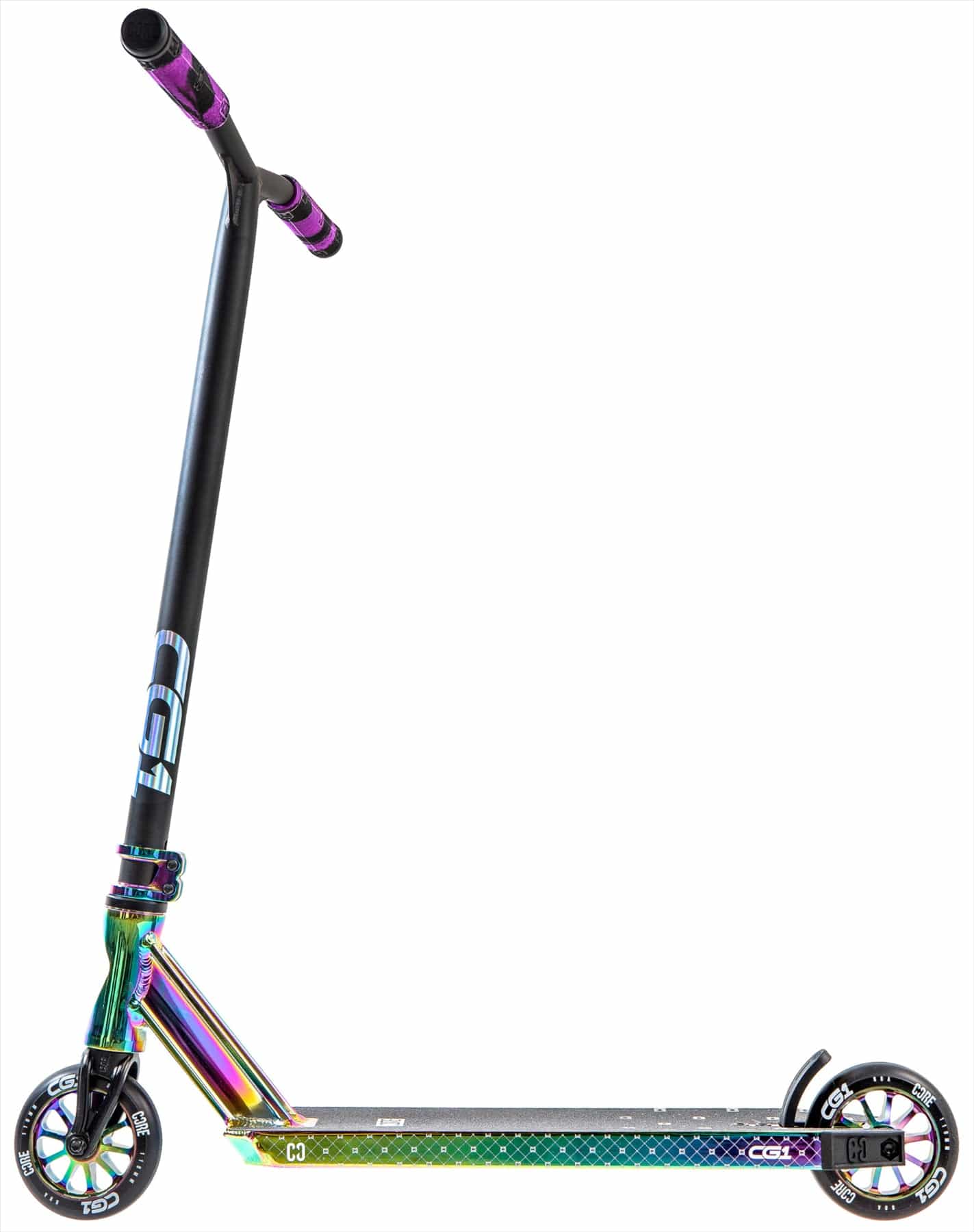 The CORE CG1 Complete Stunt Scooter by CORE, in Neochrome/Black, features a straight handlebar, a vibrant deck, and two small wheels. Shown on a white background.