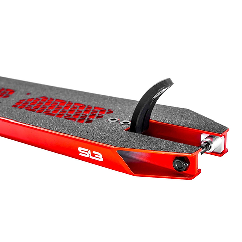 Close-up of a CORE SL3 Forged Candy Red Stunt Scooter Deck (5.25" x 19.3"/20.5") with black grip tape, cutout design, and black fender brake. "S1" lettering is visible on the side of this premium CORE park deck.