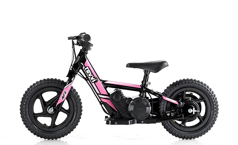 The Revvi 12" Kids Electric Balance Bike in pink, designed with a small size for children, stands against a white background. It features thick tires, a black seat, and handlebar grips. The frame is accented with black and decorative letter decals that suggest an electric-powered motorbike design.