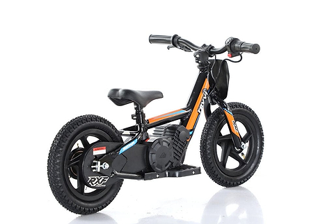 Introducing the Revvi 12" Kids Electric Balance Bike in vibrant orange and black. This lightweight motorbike, featuring thick tires, a padded seat, and comfortable handlebar grips, offers a sturdy frame ideal for young adventurers. Set against a plain white background, it's ready to ignite your child's journey.