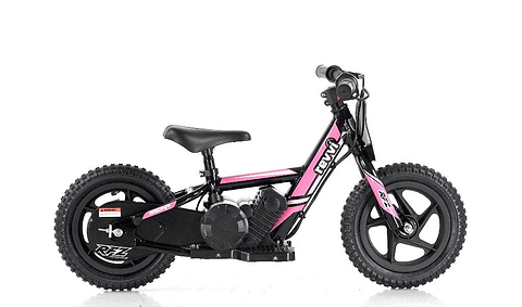 The Revvi 12" Kids Electric Balance Bike in Pink is a small, sturdy black and pink motorbike designed by Revvi. It features knobby tires and a padded seat, offering a minimalist design that is ideal for young children learning to balance and ride with confidence.