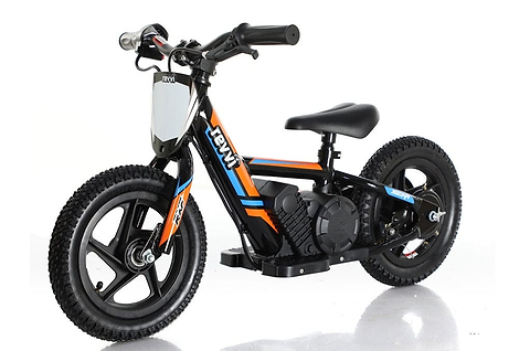 The Revvi 12" Kids Electric Balance Bike - Orange, from the brand Revvi, rests against a white background. This small bike showcases a minimalistic design with black and orange colors, complete with thick tires, simple frame, compact seat, and twist throttle for easy handling.