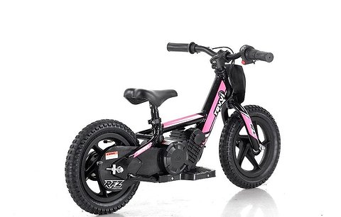 A small Revvi 12" Kids Electric Balance Bike in pink and black, featuring thick tires and sturdy handlebars, is set against a white background. This electric-powered motorbike by Revvi includes a durable frame, throttle control, and a motor positioned near the rear wheel for adventurous young riders.