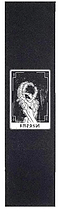 A vertical black Supremacy Stunt Scooter Griptape - Beyond, crafted from high-quality materials, features a grayscale illustration of a skeletal hand holding a closed rose, framed by a thin white border. Below the image, incomprehensible text is inscribed in a stylized script.