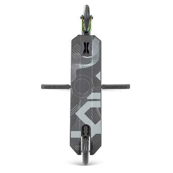 Top view of the Madd Gear MG 5 Axion Complete Stunt Scooter by MGP in Black/Neochrome, featuring a geometric gray deck, two wheels at each end, and horizontal handlebars—a sleek example of action sports design.