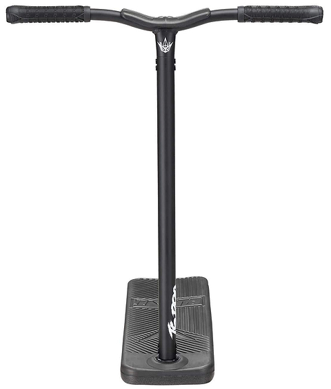 Front view of a black Blunt Envy TS Pro 7.5 Indoor Trampoline Stunt Scooter featuring two handlebars and a rectangular base. The base, similar to that of the Training Scooter Pro, has a textured surface for enhanced grip, while the rubber-coated handlebars improve control. This scooter's sleek design highlights functionality and balance.