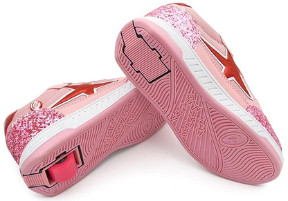 The Breezy Rollers Star Shoes - Pink by Breezy Rollers feature glitter accents, red star designs, and a patented heel wheel system—one wheel extended and one hidden—for stylish, innovative wheeled footwear.