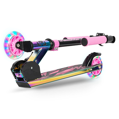 The Rampage Light Up Foldable Kick Scooter - Neochrome / Pink shown folded.