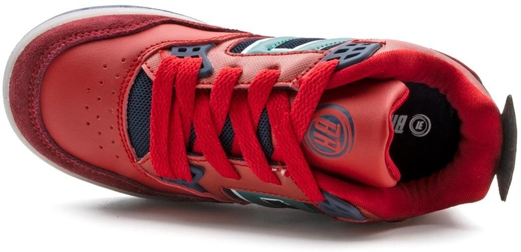 The Breezy Rollers Light Beam Shoes by Breezy Rollers feature a red athletic design with matching laces, black mesh accents, teal highlights, a padded collar, and toe perforations for style—viewed from above in the Red / Blue colorway.