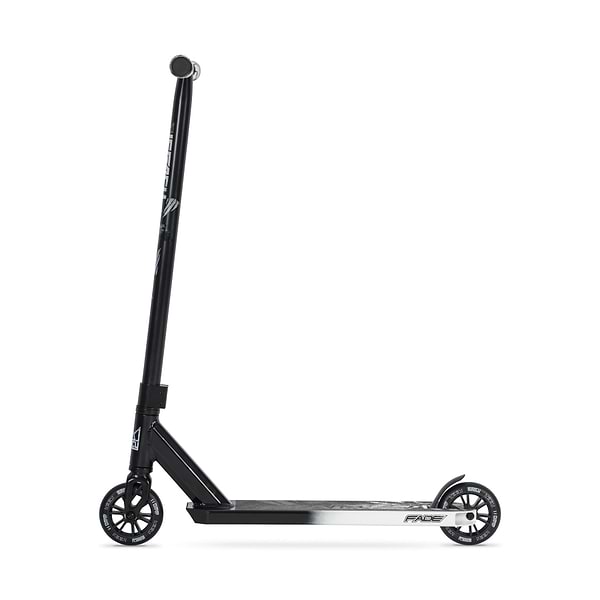 The Legacy Fade Complete Stunt Scooter by Legacy in black and grey features a straight handlebar, two black wheels, and a sleek, minimalistic design, displayed from the side against a white background.