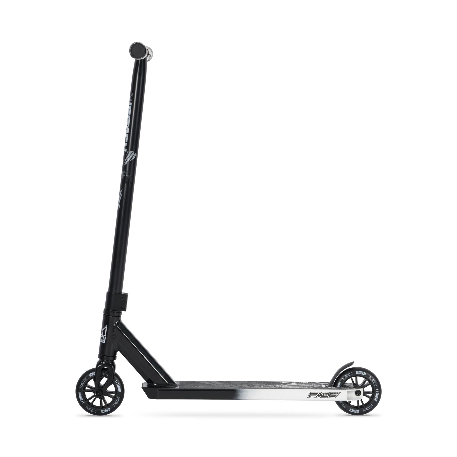 The Legacy Fade Black / Grey Stunt Scooter Starter Bundle by Legacy features a long handlebar, two small wheels, and a sleek deck in black and silver, shown in side profile on a white background.
