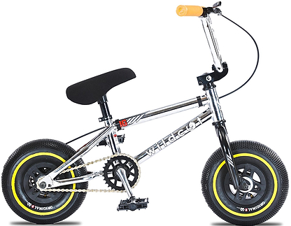 The Wildcat OG 3A Mini BMX Bike - Galaxy Yellow features a small silver frame, black handlebars and seat, yellow-accented tires, and "Wildcat" branding. Its modern, sturdy design makes it a perfect lightweight BMX for young skatepark riders.