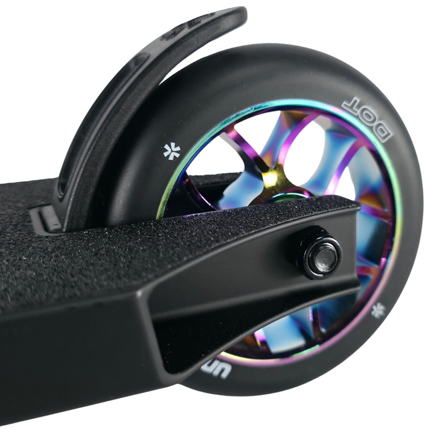 Close-up of the Union Dot Complete Stunt Scooter by Union, featuring a rainbow neochrome rear wheel with black fender, all mounted on a black deck with a textured grip surface.
