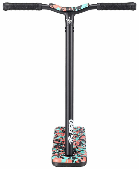 The Blunt Envy TS Pro 6 Indoor Trampoline Stunt Scooter - Teal Camo showcases a chic black handlebar paired with a colorful camouflage-patterned deck in hues of teal, red, and black. This elegant freestyle scooter provides both style and functionality for riders looking for dynamic performance.
