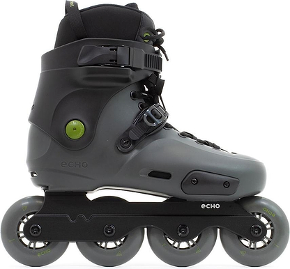 The Echo Sonar 4 Wheel Inline Freeskates - Black by Echo provide sturdy support for city skating, featuring adjustable buckles, four wheels, and "echo" branding on the side—ideal for urban freeskate adventures.