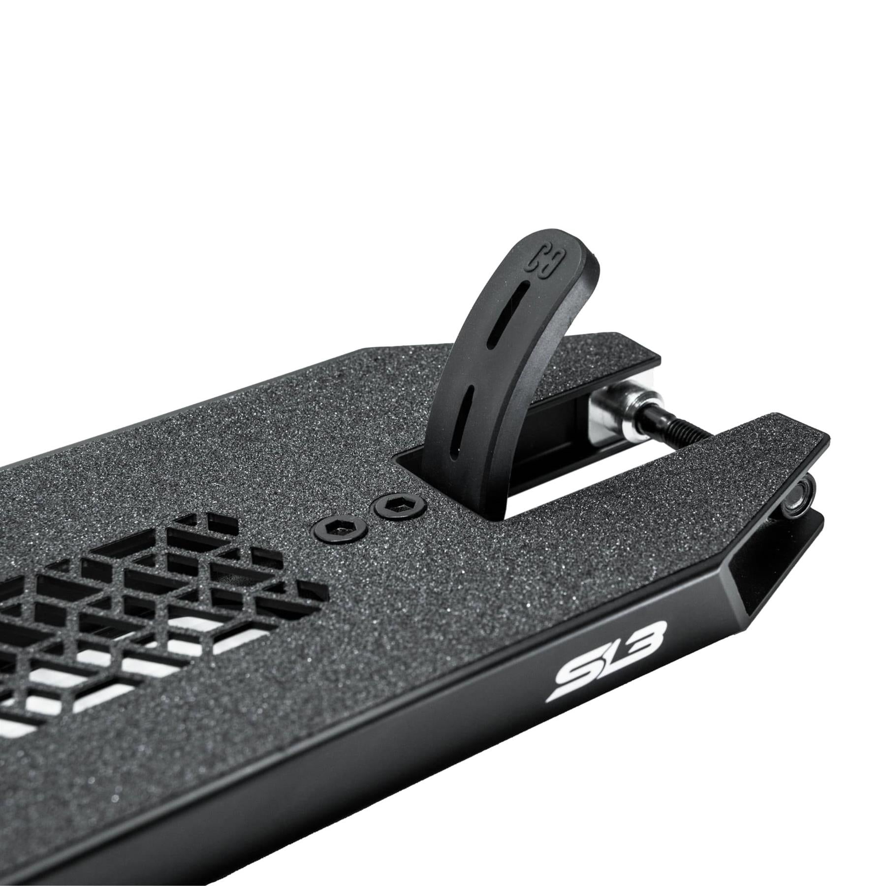 Close-up of the CORE SL3 Forged Black Stunt Scooter Deck by CORE, featuring a textured surface, rear fender brake, white "SL3" logo, and honeycomb cutout—ideal for park riders. Size: 5.25" x 19.3"/20.5".
