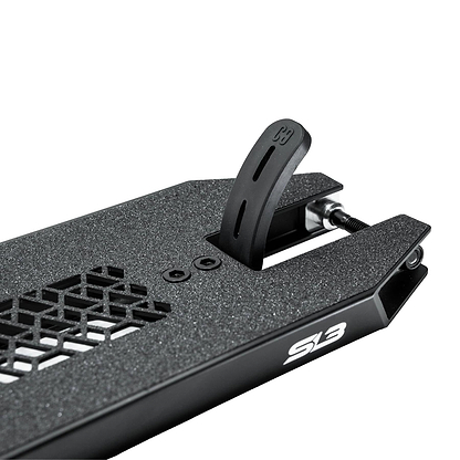 Close-up of the CORE SL3 Forged Black Stunt Scooter Deck by CORE, featuring a textured surface, rear fender brake, white "SL3" logo, and honeycomb cutout—ideal for park riders. Size: 5.25" x 19.3"/20.5".