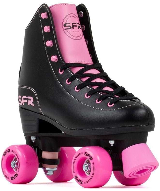 The SFR Figure Quad Roller Skates - Black/Pink feature a classic high-ankle boot with pink laces, tongue, and durable PU wheels. Branded with the "SFR" logo, they're a stylish and supportive choice for beginner skaters.