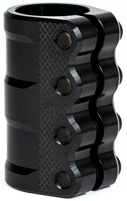 The Tilt Nikita LT 4 Bolt Standard SCS Stunt Scooter Clamp in black features a lightweight metal build, four bolt fasteners, curved edges, and a textured side grip. Designed for SCS compression systems, it delivers secure and modern performance.