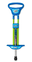 The Ozbozz Go Light Up Kids 89cm Pogo Stick - Blue is a cushioned pogo stick with blue and green lights, footrests, and handle, designed for kids by Ozbozz.