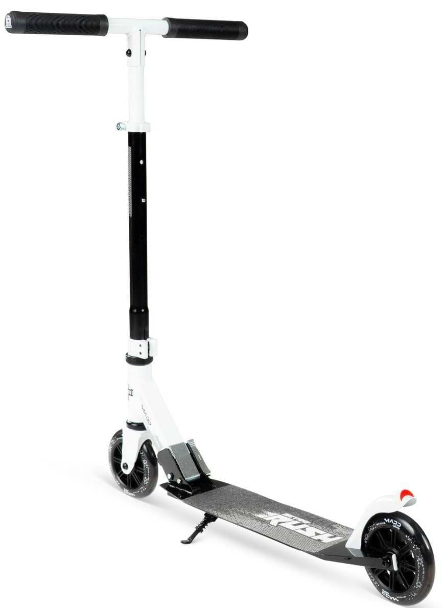 The Madd Gear Metro Rush 125 Kids Foldable Scooter in white and black features a T-shaped handlebar, black deck with "Madd Gear," 125mm LED wheels, and a kickstand—combining style and functionality for young riders.