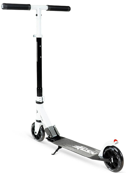 The Madd Gear Metro Rush 125 Kids Foldable Scooter in white and black features a T-shaped handlebar, black deck with "Madd Gear," 125mm LED wheels, and a kickstand—combining style and functionality for young riders.