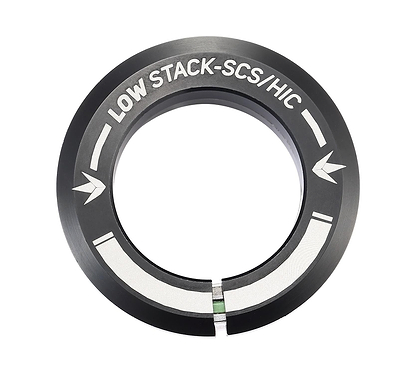 The Blunt Envy Low Stack SCS Integrated Stunt Scooter Headset in black is designed specifically for SCS compression systems. It features a sleek split-ring design with arrows and graphic accents, combining both style and performance.