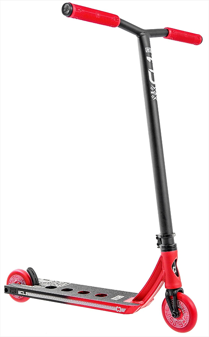 The CORE CL1 Complete Stunt Scooter - Black / Red LE by CORE features a wide handlebar, red grips and wheels, and a textured foot deck with black grip tape—sporty and modern, perfect for the skatepark.