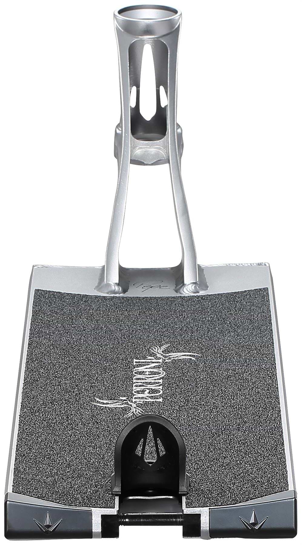 Close-up of the Blunt Envy AOS V6 Jonathan Perroni Signature Stunt Scooter Deck (6.5" x 23") featuring black griptape, a white graphic with two arrow symbols at the rear, and an aluminum frame with cutouts and a headtube mount.