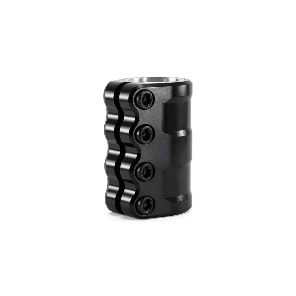 The Tilt ARC 4 Bolt Oversized SCS Stunt Scooter Clamp in black by Tilt features a wavy, ergonomic design with four hex bolts and a removable shim. Standing upright on a white background, it's part of the Stage II collection.