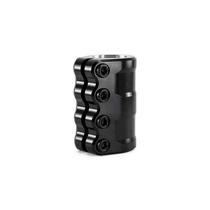 The Tilt ARC 4 Bolt Oversized SCS Stunt Scooter Clamp in black by Tilt features a wavy, ergonomic design with four hex bolts and a removable shim. Standing upright on a white background, it's part of the Stage II collection.