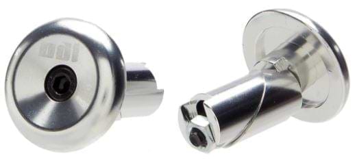 Here is a rewritten version of the sentence using the provided product data:

Two metal hardware components with reflective, polished surfaces are displayed. The component on the left is an ODI Aluminium Stunt Scooter Bar End in Polished Chrome, showcasing a circular face. The piece on the right is extended with threaded sections and a bolt. These durable scooter accessories by ODI are built to withstand daily wear and tear.