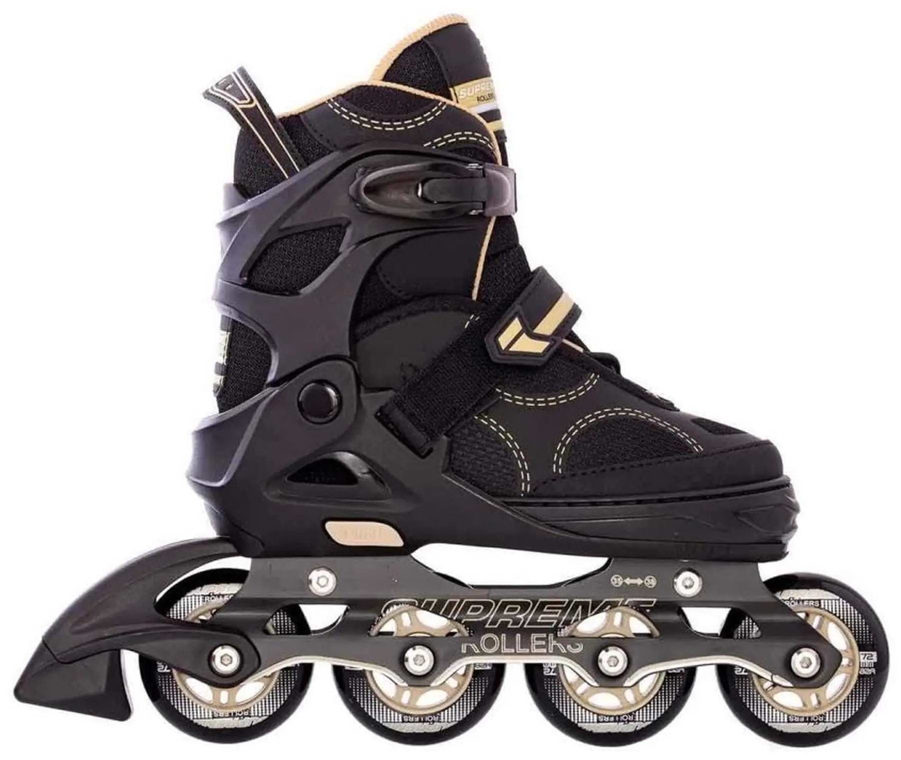 The Supreme Venice Adjustable Kids Inline Skates in black and gold feature four wheels, a hard plastic frame, adjustable buckles, and breathable mesh fabric. Shown from the side on a white background. Adjustable sizing suits beginners.