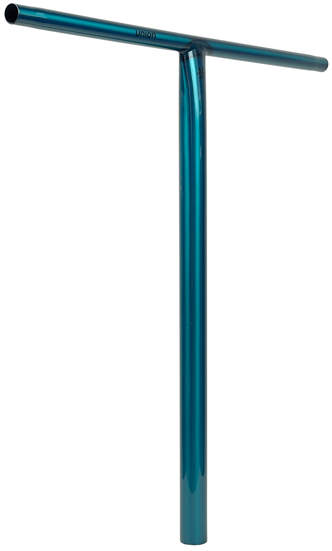 The Union Uniq T Steel Standard IHC Stunt Scooter Bar in polished teal (550mm x 520mm) by Union is shown against a white background. Its T-shape and long stem make it ideal for IHC stunt scooter setups.