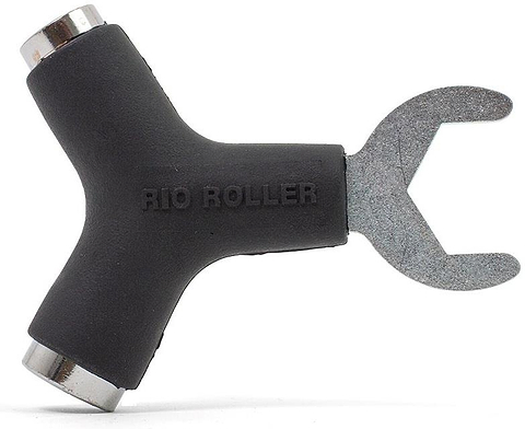 The Rio Roller Quad Roller Skate Tool - Black is a Y-shaped tool with "RIO ROLLER" embossed on the handle, featuring metal wrench and socket ends for adjusting Rio Roller skate components.